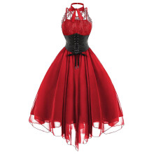 (5XL, Red) Women's Gothic Steampunk High Low Lace Dress Halloween Costume