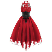 (M, Red) Women's Gothic Steampunk High Low Lace Dress Halloween Costume