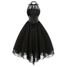 (4XL, Black) Women's Gothic Steampunk High Low Lace Dress Halloween Costume