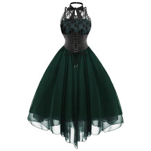 (L, Blue-green) Women's Gothic Steampunk High Low Lace Dress Halloween Costume