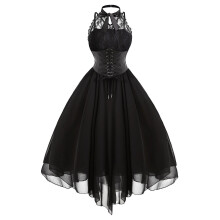 (M, Black) Women's Gothic Steampunk High Low Lace Dress Halloween Costume