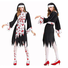 (XL, 2888) Bloody Scary Nun Cosplay Witch Horror Halloween Costume for Woman Female Adult Fantasy Sexy Nun Cape Carnival Festival Dress