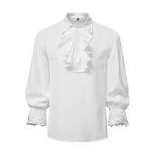 (2XL, Blanco) Camisa pirata para hombre, estilo vampiro, renacentista, victoriano, gótico, con volantes, medieval, disfraz de Halloween.