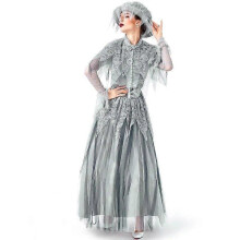 (S, Gray) Day of The Dead Graveyard Ghost Bride Costume Halloween Gray Skeleton Spooky Maid Fantasia Fancy Dress