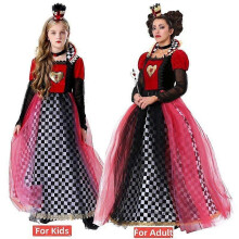 (M, Kids set) Halloween Women Kids Queen of Hearts Costume Black & Red Fancy Royal Dress Up For Halloween Carnaval Cosplay Outfit