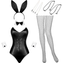 (S, Black) Bunny Costume Women Lingerie And Tails Bodysuit Role Play Rabbit Outfit Set For Halloween Christmas Costume V-hao