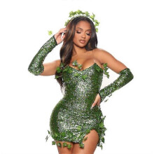 (S) Halloween Villain Poison Ivy Cosplay Costume Fancy Dress For Women Carnival Party Sequin Dress Set