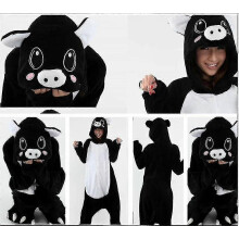 (L (Height 166-174CM), Black Pig) Animal Onesie Women Flannel Pajamas Set Adult Unisex Men Halloween Pig Cosplay Costume Couple