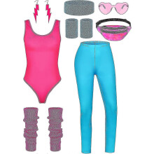 (X-Large, Fluorescent Blue) 8 Pieces Women 80s Workout Costume Halloween 90s Outfit Accessories Set Leotard Bum Bag Glasses Headband Leg Warmers