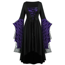(4XL, Dark Blue) Halloween Costumes Women'S Large Size Sleeve Skull Lace Print Fashion Long Sleeve Bandage Retro Long Dress