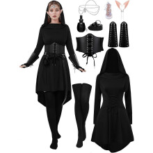 (XX-Large, Black) 10 Pcs Women Medieval Renaissance Fairy Costumes Set Medieval Hooded Robe Elf Accessories for Halloween Cosplay