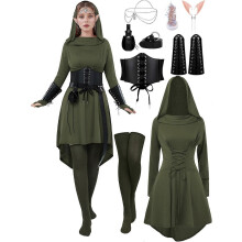 (X-Large, Dark Green) 10 Pcs Women Medieval Renaissance Fairy Costumes Set Medieval Hooded Robe Elf Accessories for Halloween Cosplay