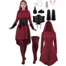 (Large, Burgundy) 10 Pcs Women Medieval Renaissance Fairy Costumes Set Medieval Hooded Robe Elf Accessories for Halloween Cosplay
