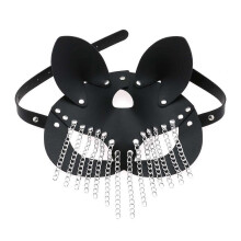 (Black) 9-color Half face Cat Cosplay Leather Sex Mask with Chain Tassels Halloween Party Mask Masquerade Costume Cosplay Props Black