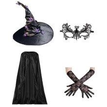 (Purple) Witch Costume Set for Girl Cosplay, Halloween Witch Dress up Costume Including Witch Cloak Witch Hat Eyemask and Gloves Black