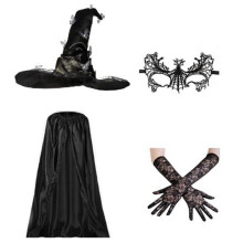 (Black) Witch Costume Set for Girl Cosplay, Halloween Witch Dress up Costume Including Witch Cloak Witch Hat Eyemask and Gloves Black