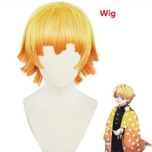 (one size, only wig) Anime Demon Slayer Kimetsu no Yaiba Agatsuma Zenitsu Cosplay Costume Women Kimono Uniform Halloween Christmas Party Clothes
