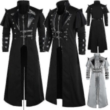 (L, Black) Vintage Halloween Medieval Steampunk Assassin Elves Pirate Costume Adult Men Black Long Split Jacket Gothic Armor Leather Coats