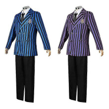 (S, Blauw) Herenkostuums voor woensdag, schooluniform, set van 4, Addams Family cosplaypak, herenkostuum, Halloweenoutfit