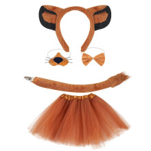 (Four piece set g) Lovely Dogs Headband Set Plush Animal Tail Bowtie Brown Mesh Skirt Lions Hair Hoop Set for Halloween Cosplay Party