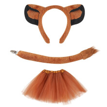 (Twopiece set with g) Lovely Dogs Headband Set Plush Animal Tail Bowtie Brown Mesh Skirt Lions Hair Hoop Set for Halloween Cosplay Party