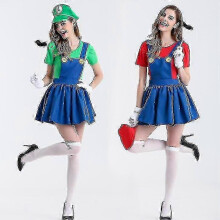 (Women L, green) Adult Halloween Costume Super Mario Luigi Bros Fancy Dress Cosplay Carnival Prom Dress V