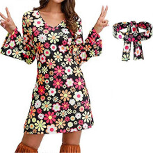 (L, Black) Women's 70s 80s Hippie Costume Set, Retro Floral Disco Dress with Headband, Necklace & Earrings for Halloween Cosplay