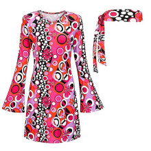 (S, Dark Pink) Women's 70s 80s Hippie Costume Set, Retro Floral Disco Dress with Headband, Necklace & Earrings for Halloween Cosplay