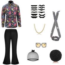 (XXL, Set) Herenkostuum in jaren 70 discostijl: jaren 80 flared broek, shirt, pruik, ketting, snor en zonnebril voor Halloween cosplay set M