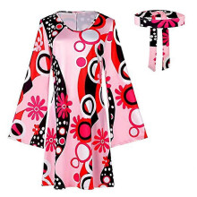 (2XL, Pink Red) Women's 70s 80s Hippie Costume Set, Retro Floral Disco Dress with Headband, Necklace & Earrings for Halloween Cosplay