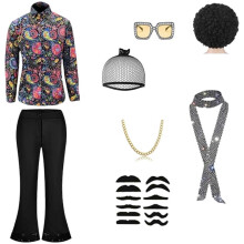 (M, Set) Herenkostuum in jaren 70 discostijl: jaren 80 flared broek, shirt, pruik, ketting, snor en zonnebril voor Halloween cosplay set M