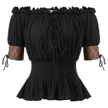 (XXL, Black) Elegant Renaissances Victorian Peasant Pleated Ruffled Shirt Medieval Top for Women Lace Up Smocked Waist Pirate Blouse Beige S