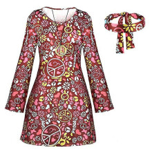 (S, Brown) Women's 70s 80s Hippie Costume Set, Retro Floral Disco Dress with Headband, Necklace & Earrings for Halloween Cosplay