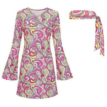 (2XL, Pink) Women's 70s 80s Hippie Costume Set, Retro Floral Disco Dress with Headband, Necklace & Earrings for Halloween Cosplay