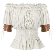 (L, Beige) Elegant Renaissances Victorian Peasant Pleated Ruffled Shirt Medieval Top for Women Lace Up Smocked Waist Pirate Blouse Beige S