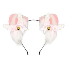 (Pink white ears) Wolf Foxes Ears Headband Cats Tail Soft Plush Adjustable for Christmas Halloween Cosplay Party Costume Accessories Blue white ears
