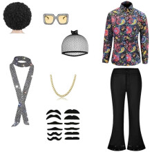 (XL, Set) Herenkostuum in jaren 70 discostijl: jaren 80 flared broek, shirt, pruik, ketting, snor en zonnebril voor Halloween cosplay set M