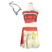 (L) Lady Moana Cosplay Costume Suit Skirt Set With Necklace Halloween Dress Up Outfits Set Gifts