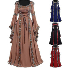 (XXL, Black) Medieval Dress Women Lace Up Long Sleeve Floor Length Medieval Dress Halloween Costume