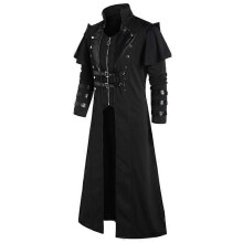 (XXL, Black) Vintage Halloween Medieval Steampunk Assassin Elves Pirate Costume Adult Men Black Long Split Jacket Gothic Armor Leather Coats