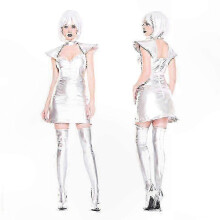 (M, no wig) Silver Space Uniform Costume for Women Halloween Cosplay Outfit Carnival Party Dress Astronaut Fancy Dress Silver Tone Adult Costume