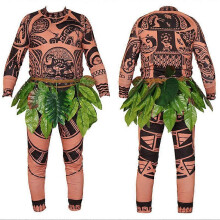 (S, Audlt) 3PCS Moana Maui Tattoo T Shirt+Pants+Skirts Halloween Adult Mens Cosplay Costume Novelty father and son Cosplay Costume