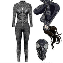 (S, Masker) Sexy bodysuit, zwarte Spider Woman spandex jumpsuit, Halloween cosplay, superheldenkostuum voor dames