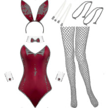 (L, Wine Red) Feminine Bunny Costume Bodysuit with Lingerie Detail and Tail for Halloween or Christmas Role Play
