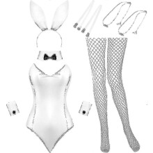 (XL, White) Feminine Bunny Costume Bodysuit with Lingerie Detail and Tail for Halloween or Christmas Role Play