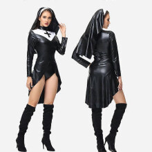 (L, zwart) Halloween nonnenkostuum van PU-leer, punk nonnenoutfit, cosplay uniformjurk met hoofddoek.