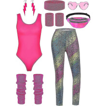(3X-Large, Iridescence) 8 Pieces Women 80s Workout Costume Halloween 90s Outfit Accessories Set Leotard Bum Bag Glasses Headband Leg Warmers