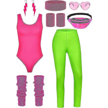 (3X-Large, Fluorescent Green) 8 Pieces Women 80s Workout Costume Halloween 90s Outfit Accessories Set Leotard Bum Bag Glasses Headband Leg Warmers