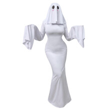 (S, Wit) Specter kostuum voor dames (volwassenen): witte jurk met open rug en masker voor Halloweenfeest, cosplay, wit S