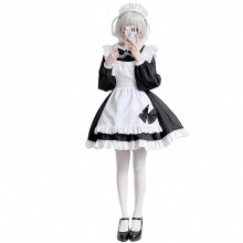 (L, Negro) Conjunto de disfraz de sirvienta de anime con delantal, vestido, tocado y pajarita para cosplay de Halloween, negro, talla XXXL
